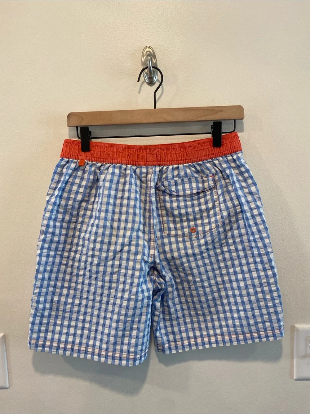 Mini Boden boys Gingham Print Board Shorts swim trunks size 13-14 blue